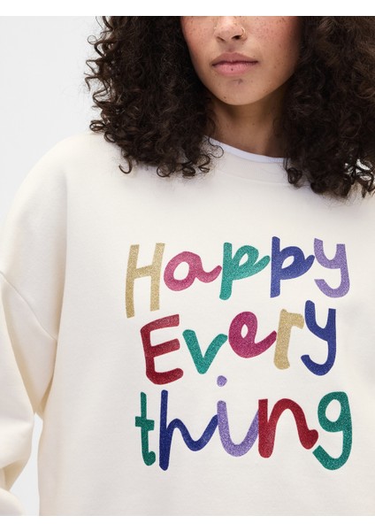 Kadın Kırık Beyaz Oversized Grafik Baskılı Sweatshirt modelleri