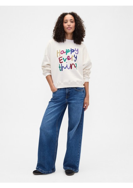 Kadın Kırık Beyaz Oversized Grafik Baskılı Sweatshirt fırsatları