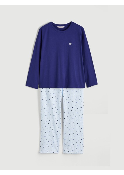 Yeni Sezon Bisiklet Yaka Nakışlı Kadın Pijama Takımı indirimleri