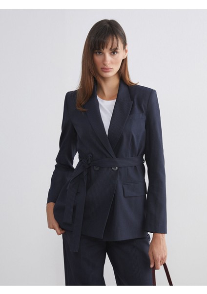 Yeni Sezon Çizgili Beli Kuşaklı Kadın Blazer Ceket