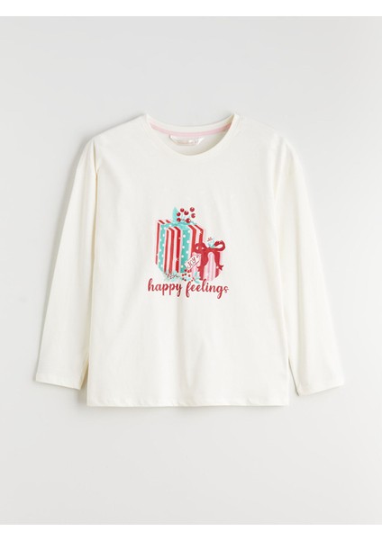 Yeni Sezon Bisiklet Yaka Yılbaşı Temalı Kadın Pijama Üstü