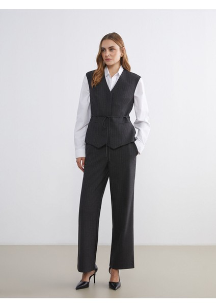 Yeni Sezon Beli Lastikli Çizgili Kadın Pantolon