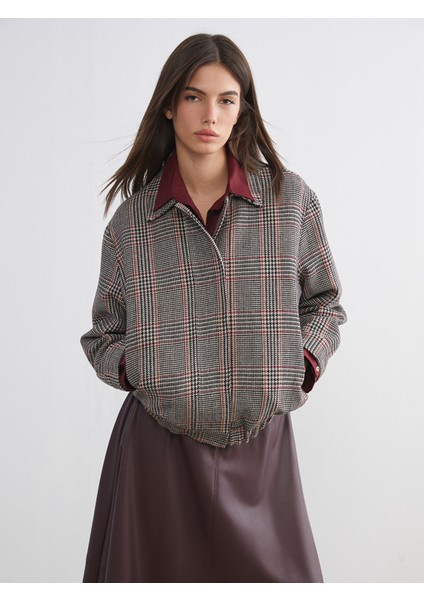 Yeni Sezon Gömlek Yaka Balıksırtı Desenli Kadın Kaşe Ceket