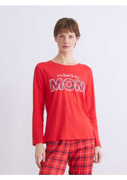 Yeni Sezon Bisiklet Yaka Baskılı Kadın Pijama Üstü