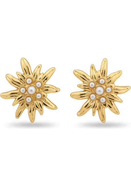 Güneş Çiçek Ortası Incili Çelik Küpe