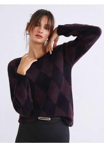 Yeni Sezon Bisiklet Yaka Baklava Desenli Kadın Triko Kazak