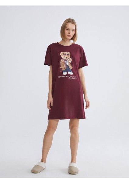 Yeni Sezon Bisiklet Yaka Ayı Teddy Baskılı Kadın Gecelik