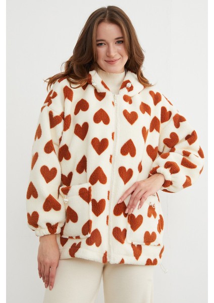 Kalp Desenli Peluş Mont