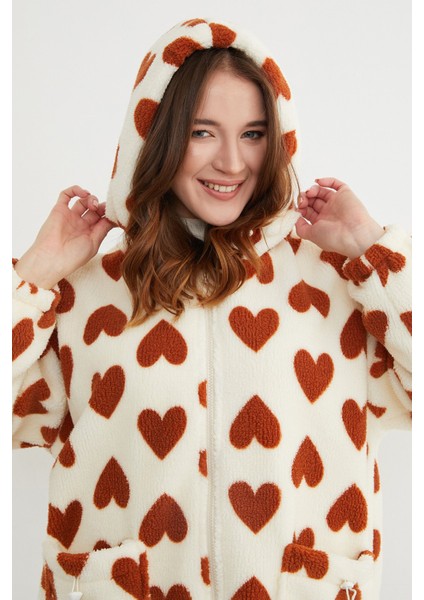 Kalp Desenli Peluş Mont