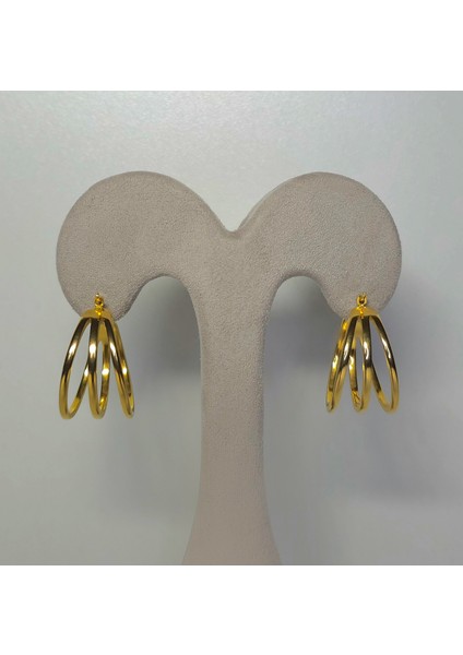 Çelik Hafif Üç Halkalı Küpe Parlak Altın Sarısı Rengi Takı Aksesuar