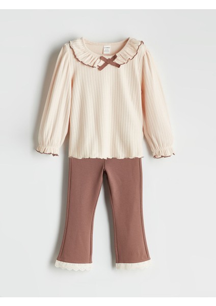 Yeni Sezon Bebe Yaka Fırfırlı Kız Bebek Bluz ve Tayt Pantolon