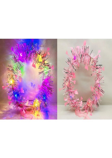 Kalp Püsküllü Gece Parıltısı 3 Modlu LED Li Işıklı Taç Pembe Renk