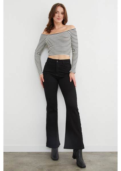 Yüksek Bel Fermuarlı Likralı Flare Jean