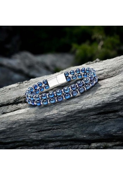 Erkek Çift Mavi ve Gümüş Renk Hematit Çelik Bileklik modelleri