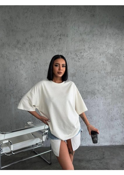 Unisex Düz Biskilet Yaka oversize T-Shirt - Beyaz
