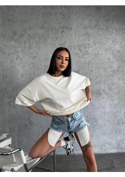 Unisex Düz Biskilet Yaka oversize T-Shirt - Beyaz fiyatları