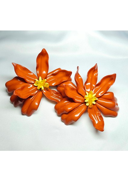 Çelik Büyük Boy Iddialı Moda Statement Turuncu Çiçek Küpe Abartı