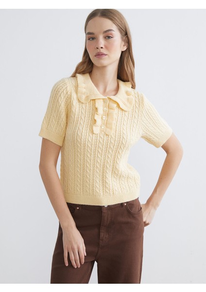 Yeni Sezon Polo Yaka Kendinden Desenli Kadın Triko Kazak