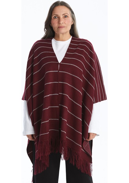 Yeni Sezon Şal Yaka Çizgili Kadın Triko Panço