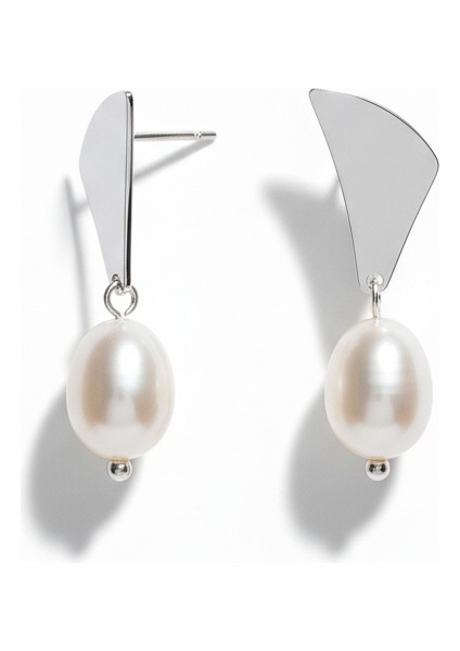 Çelik Asimetrik Üçgen Inci Sallantılı Küpe Modern Minimalist Zarif Küpe