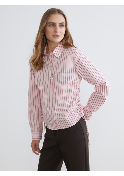 Yeni Sezon Çizgili Büzgülü Kadın Gömlek