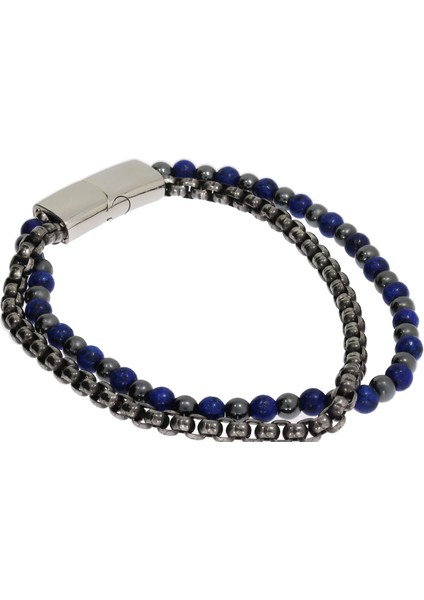 Erkek Zincir ve Lacivert Renk Boncuk Detay Çelik Bileklik
