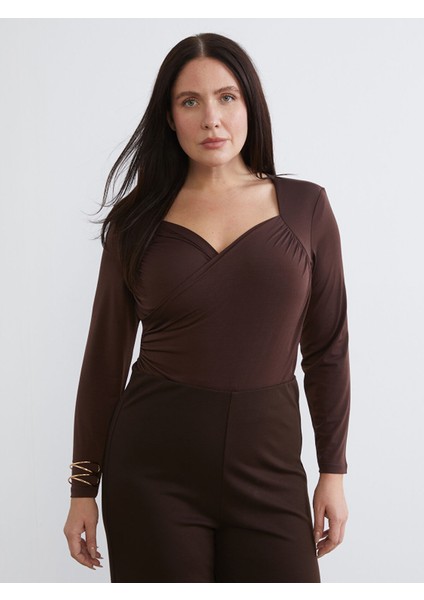 Yeni Sezon Büyük Beden Kalp Yaka Büzgülü Kadın Bodysuit