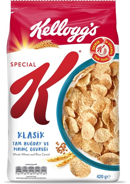 Kellogg's Special K Klasik Kahvaltılık Tam Buğday ve Pirinç Gevreği 420 Gr,tam Tahıllı,lif Kaynağı,demir ve 6 Vitamin Kaynağı,folik Asit ve Minarel Içerir,tam Buğdaylı,vitamin B12