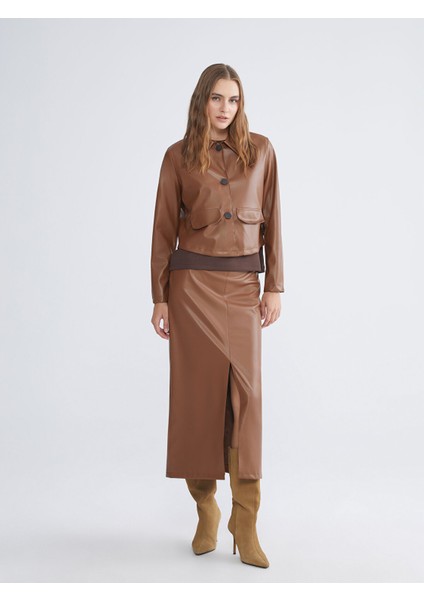 Yeni Sezon Gömlek Yaka Kadın Deri Görünümlü Ceket fiyatları