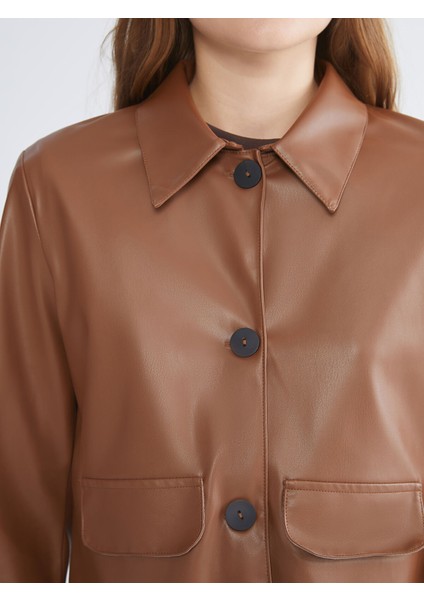 Yeni Sezon Gömlek Yaka Kadın Deri Görünümlü Ceket modelleri