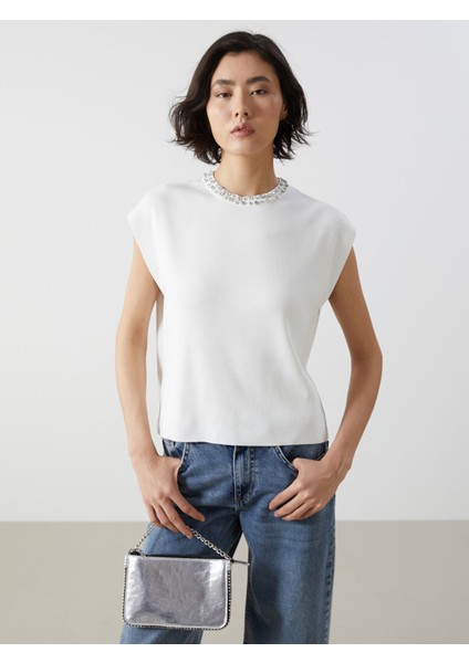 Yeni Sezon Bisiklet Yaka Taşlı Kadın Triko Süveter