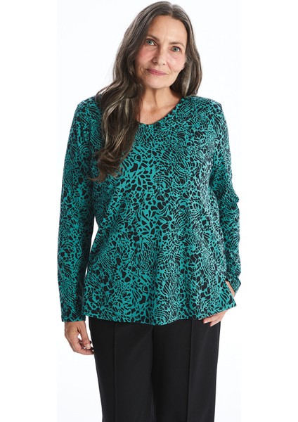 Yeni Sezon V Yaka Desenli Uzun Kollu Kadın Tişört