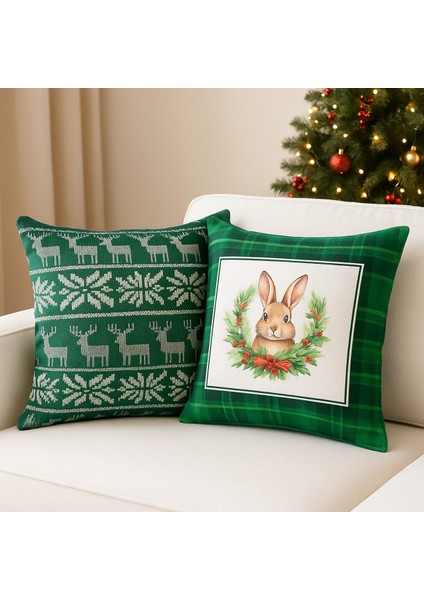 Çift Tarafı Baskılı Candy Christmas Desenli 2'li Set Kadife Kırlent Kılıfı Yılbaşı - Noel