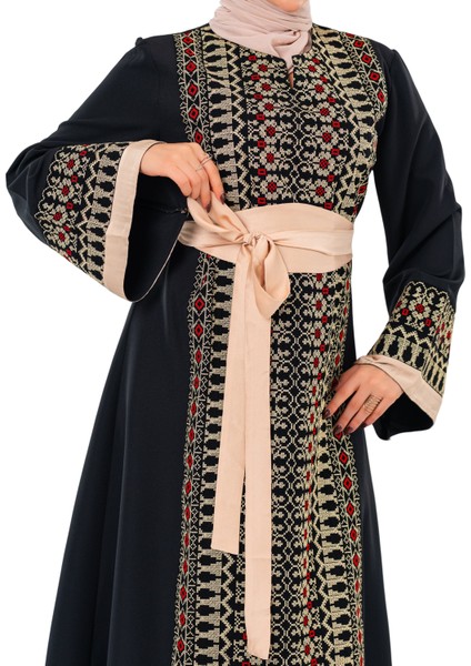 Kadın Elbise – Saten Kemerli Siyah Filistin Nakışlı Kadın Elbise modelleri