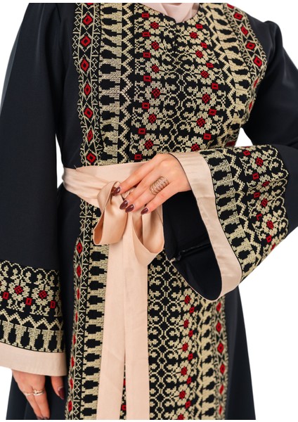 Kadın Elbise – Saten Kemerli Siyah Filistin Nakışlı Kadın Elbise indirimleri