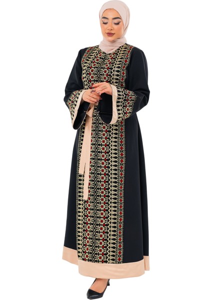 Kadın Elbise – Saten Kemerli Siyah Filistin Nakışlı Kadın Elbise