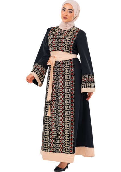 Kadın Elbise – Saten Kemerli Siyah Filistin Nakışlı Kadın Elbise