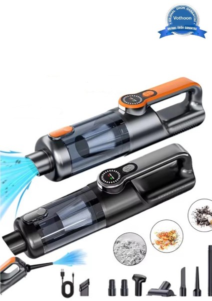 Işıklı Araç Süpürgesi Kablosuz 22.000 Pascal Çekim Gücü Vakum ve Üfleme 2in1 10BAŞLIK Metal Filtreli