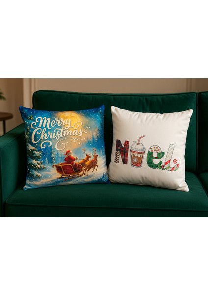 Çift Tarafı Baskılı Candy Christmas Desenli 2'li Set Kadife Kırlent Kılıfı Yılbaşı - Noel
