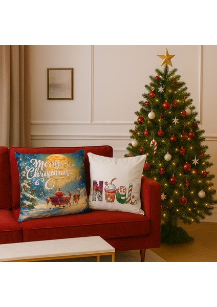 Çift Tarafı Baskılı Candy Christmas Desenli 2'li Set Kadife Kırlent Kılıfı Yılbaşı - Noel modelleri
