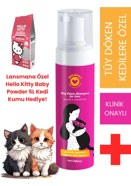 Tüy Döken Kedilere Özel Kuru Bakım Şampuanı, E Vitamini ve Doğal Yağlar, Döküm ÖNLEYICI150ML + Hellokitty Bebek Pudralı Kedi Kumu Hediye!