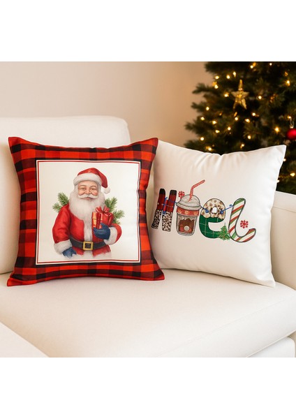 Çift Tarafı Baskılı Candy Christmas Desenli 2'li Set Kadife Kırlent Kılıfı Yılbaşı - Noel