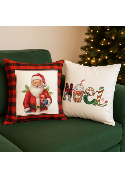 Çift Tarafı Baskılı Candy Christmas Desenli 2'li Set Kadife Kırlent Kılıfı Yılbaşı - Noel fiyatları