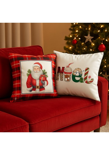 Çift Tarafı Baskılı Candy Christmas Desenli 2'li Set Kadife Kırlent Kılıfı Yılbaşı - Noel modelleri