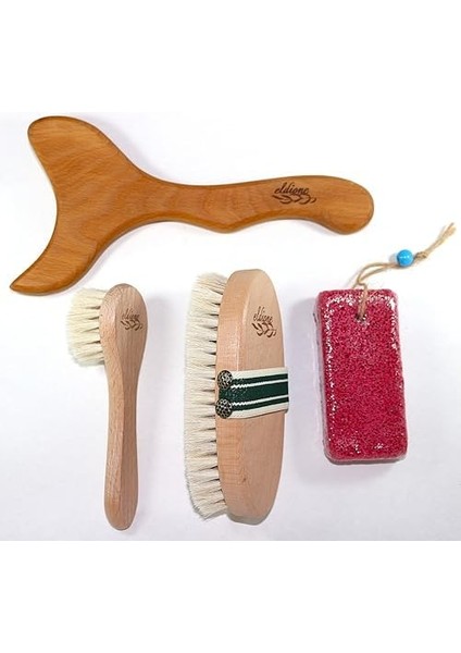 Eldione 4 Lü Set Ahşap Masaj Aleti Akapunktur Lenf Drenaj Masajı Doğal At Kılı Vucüt Bakım Fırçası Yüz Fırçası Ponza Topuk Taşı Kişisel Bakım Seti Gençleştirici Sıkılaştırıcı Peeling Selülit Giderici
