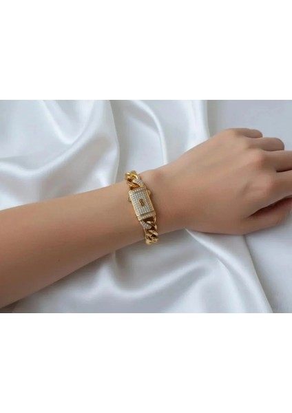 14K Taşlı Kilit Kapamalı Kalın Zincir Çelik Bileklik