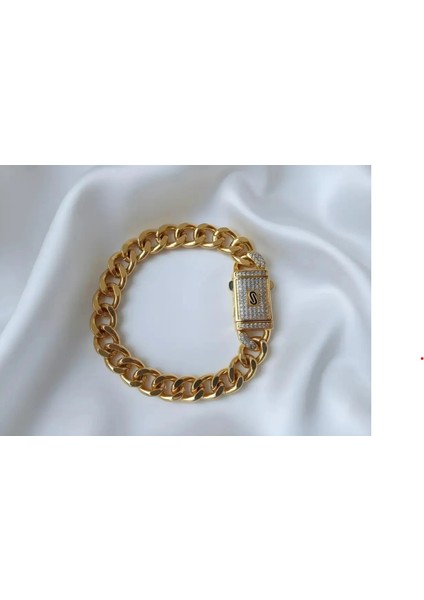 14K Taşlı Kilit Kapamalı Kalın Zincir Çelik Bileklik fiyatları