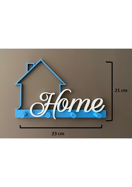 Dekoratif Home Yazılı Duvar Askılığı | Ev Şeklinde Anahtarlık & Aksesuar Askısı (23X21 Cm, Mavi-Beyaz)