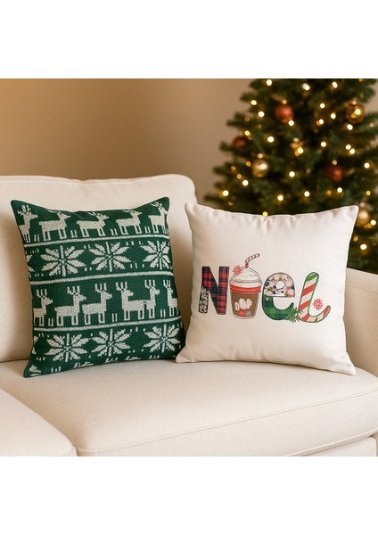 Çift Tarafı Baskılı Candy Christmas Desenli 2'li Set Kadife Kırlent Kılıfı Yılbaşı - Noel