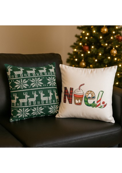 Çift Tarafı Baskılı Candy Christmas Desenli 2'li Set Kadife Kırlent Kılıfı Yılbaşı - Noel modelleri